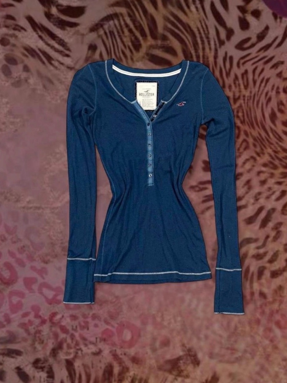 Hollister Navy Ribbed Henley Long-Sleeve Top